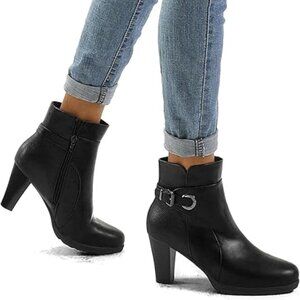 Women's Zipper Booties Chunky Stacked Heel Ankle Boots Buckle Strap Ankle-Black